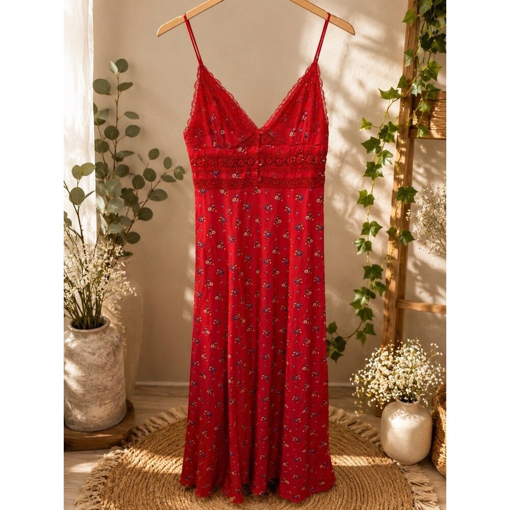 Free People Intimately Out & About Maxi Slip Dress Red Floral Size L EUC